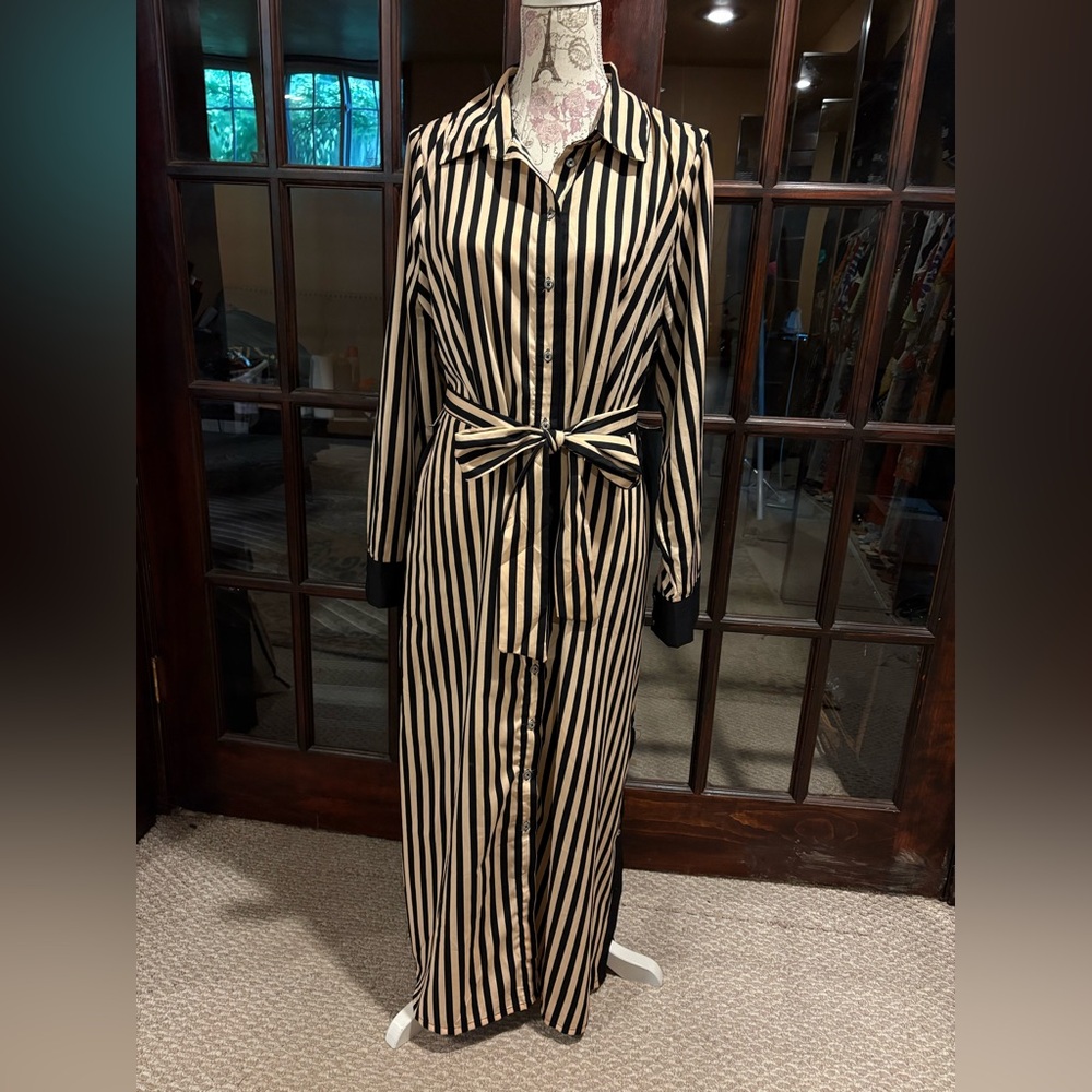 Striped Black and Tan Button-Up Dress